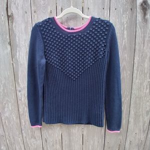 Talbots size S knit sweater navy blue pink pompom rib long sleeve